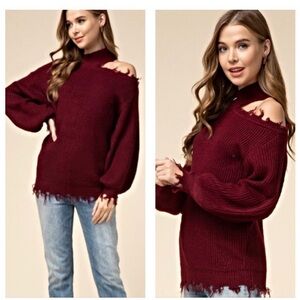 Distressed cut out shoulder, wine colored sweater, size M